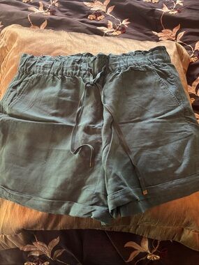 LOFT Teal Green High-Waist Tie-Waist Linen-Blend Shorts